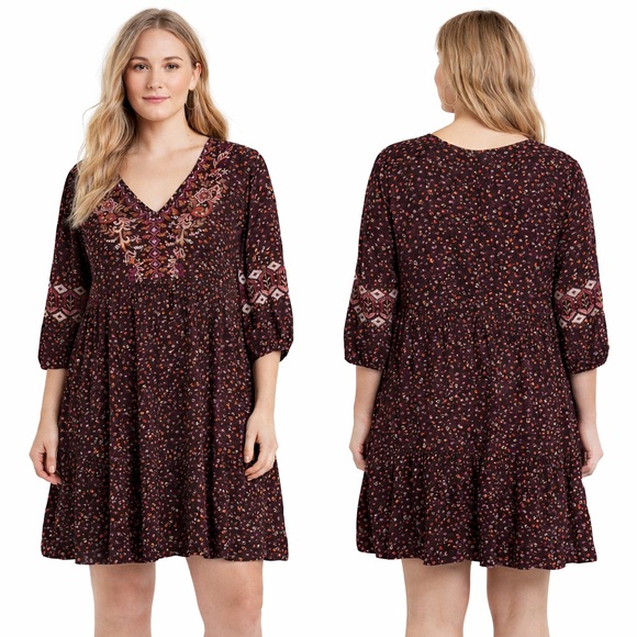 J. Jill Burgundy Floral Long Sleeve Dress - Picture 2 of 2